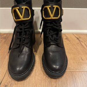 Valentino Black Leather Boots with Gold Accent